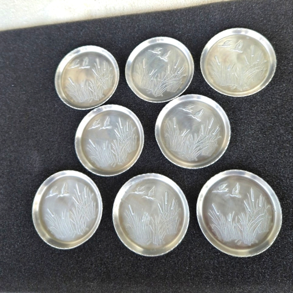 Vintage Aluminum Coasters with Ducks and Cattails Design Set of 8